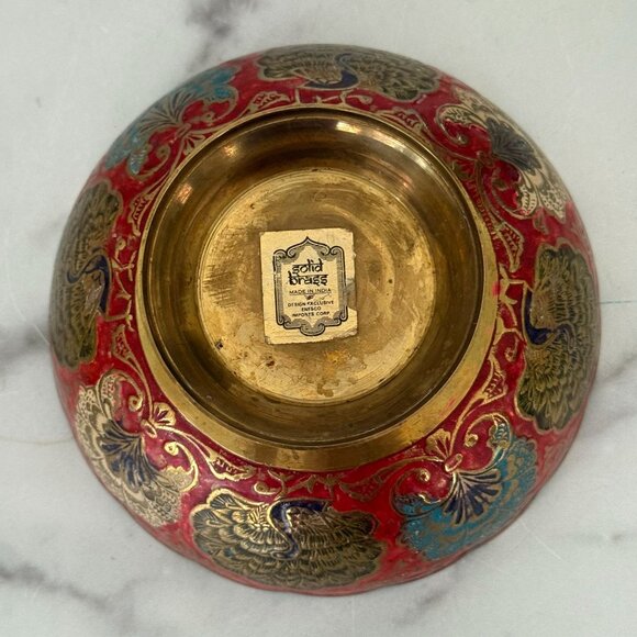 Handcrafted Brass Bowl With Scalloped Edges & Peacock Design In Red/Blue/Gold - Picture 6 of 7